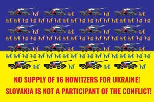 obusiers dana sur le drapeau de l'ukraine. des figures de familles humaines agitent la main. l'inscription pas de fourniture de 16 obusiers pour l'ukraine la slovaquie ne participe pas au conflit vecteur