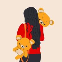 jolie femme embrasse une poupée géante d'ours en peluche. illustration de fille de mode .love, saint valentin. vecteur