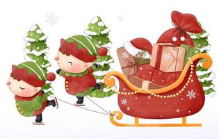 illustration de noël petit elfe et cadeaux vecteur