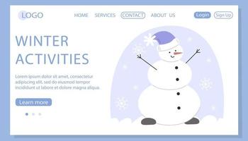 bonhomme de neige dans un chapeau dans un style plat, modèle de page web vecteur