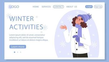 femme attrape des flocons de neige avec sa main en hiver, modèle de page web vecteur