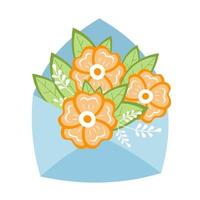 enveloppe avec des fleurs. illustration vectorielle de fleurs orange avec des feuilles et des brindilles. conception pour carte de voeux. vecteur