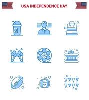 pack bleu de 9 symboles de la fête de l'indépendance des états-unis de l'argent vidéo movis glace américaine modifiable éléments de conception vectorielle de la journée des états-unis vecteur