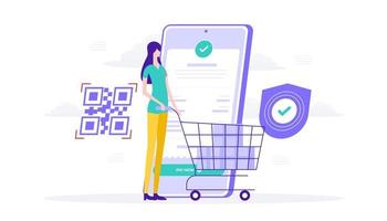 succès du paiement de la facture et sécurisé via l'illustration plate du code qr mobile. femme apporte des achats de chariot. adapté à l'interface utilisateur, ui, ux, web, mobile, bannière et infographie. vecteur