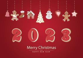 une carte de joyeux noël. biscuits en pain d'épice en forme de bonhomme de neige, d'arbre de Noël et de bonhommes en pain d'épice et divers jouets d'arbre de Noël. célébrer le nouvel an et noël vecteur