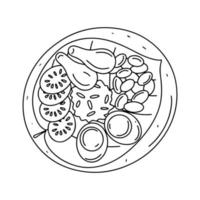 repas traditionnel prinasien avec du riz, du poulet, des œufs durs et des haricots. illustration vectorielle dans un style doodle dessiné à la main. vecteur