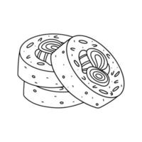 rouleaux de saumon et de concombre dans un style doodle dessiné à la main. illustration vectorielle de nourriture japonaise traditionnelle. vecteur