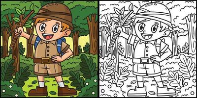 jour de la terre garçon dans la forêt illustration de la page à colorier vecteur