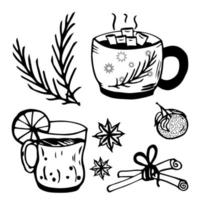 doodle boisson chaude d'hiver, tasse, chocolat, orange, vanille et cannelle, branche. illustration vectorielle. vecteur