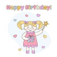 kawaii petite fille tenant une boîte-cadeau et une baguette magique. coeurs autour. texte joyeux anniversaire. illustration de griffonnage dessiné à la main. vecteur