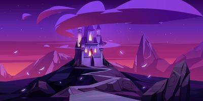 château magique de dessin animé de vecteur dans les montagnes la nuit