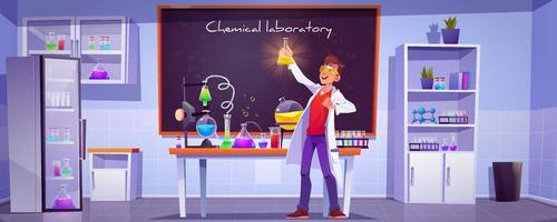 chimiste avec ballon en laboratoire scientifique vecteur