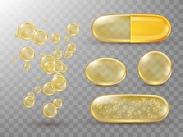 capsules avec de l'huile, des pilules rondes et ovales dorées. vecteur