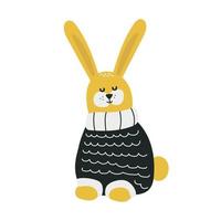 adorable lapin noir et jaune en pull. lièvre doodle enfantin simple isolé de style scandinave. dessin à main levée. vecteur. vecteur