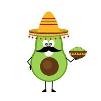 avocat de dessin animé joyeux dans un sombrero et avec une moustache. le personnage tient un bol de guacamole dans ses mains. vecteur