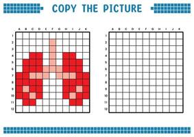 copiez l'image, complétez l'image de la grille. feuilles de travail pédagogiques dessinant avec des carrés, coloriant des zones de cellules. activités préscolaires des enfants. vecteur de dessin animé, pixel art. illustration du symbole de l'organe pulmonaire.