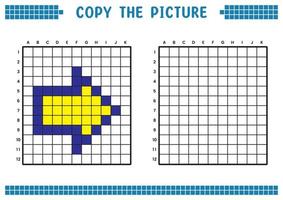 copiez l'image, complétez l'image de la grille. fiches pédagogiques dessinant avec des carrés, des zones à colorier. activités préscolaires des enfants. vecteur de dessin animé, pixel art. symbole d'illustration de flèche droite.