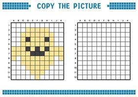 copiez l'image, complétez l'image de la grille. feuilles de travail pédagogiques dessinant avec des carrés, coloriant des zones de cellules. activités préscolaires des enfants. vecteur de dessin animé, pixel art. illustration d'un symbole fantôme.