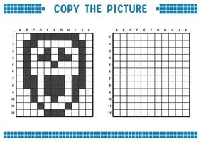 copiez l'image, complétez l'image de la grille. fiches pédagogiques dessinant avec des carrés, des zones à colorier. activités préscolaires des enfants. vecteur de dessin animé, pixel art. illustration de masque de visage fantôme effrayant.