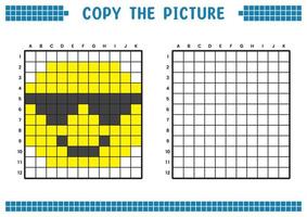 copiez l'image, complétez l'image de la grille. fiches pédagogiques dessinant avec des carrés, des zones à colorier. activités préscolaires des enfants. vecteur de dessin animé, pixel art. illustration d'un visage avec des lunettes.