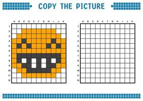 copiez l'image, complétez l'image de la grille. fiches pédagogiques dessinant avec des carrés, des zones à colorier. activités préscolaires des enfants. vecteur de dessin animé, pixel art. illustration de visage souriant souriant.