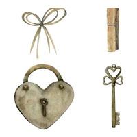 ensemble d'objets dessinés à la main à l'aquarelle, arc de corde, serrure et clé vintage, pince à linge en bois, couleur naturelle. isolé sur fond blanc. conception pour papier, cartes de vœux, textile, impression, papier peint, mariage vecteur