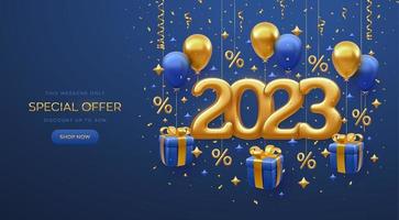 bannière de conception de vente de noël. bonne année 2023. numéros métalliques dorés 2023 avec sac à provisions, étiquette de prix, coffret cadeau avec arc doré, volez des ballons à l'hélium sur fond bleu. illustration vectorielle. vecteur