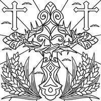 Coloriage croix chrétienne avec couronne d'épines vecteur