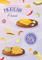 dépliant de cuisine mexicaine a4 avec tacos, burritos, tamales, quesadilla, empanadas, elotes et nachos. bannière alimentation saine, cuisine, menu, concept alimentaire. vecteur