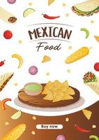 dépliant de cuisine mexicaine a4 avec tacos, burritos, tamales, quesadilla, empanadas, elotes et nachos. bannière alimentation saine, cuisine, menu, concept alimentaire. vecteur