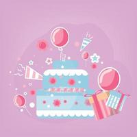 gâteau d'anniversaire girly et ornement. adapté à la carte d'anniversaire des enfants. illustration vectorielle eps 10 vecteur