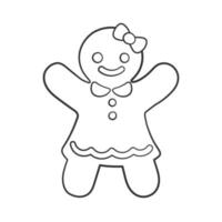 illustration de dessin animé de doodle de contour de biscuit de fille de pain d'épice. activité de page de livre de coloriage de thème de nourriture de noël d'hiver pour les enfants. vecteur