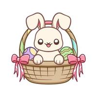 lapin de pâques à l'intérieur d'un panier tissé avec illustration de dessin animé d'oeufs de pâques colorés vecteur