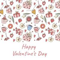 modèle de conception de couverture de carte de saint valentin. bordure de motif d'éléments de doodle rose sur fond blanc. vecteur