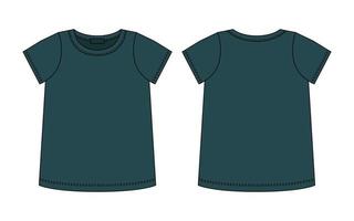 croquis technique de t-shirt vierge. couleur vert foncé. modèle de conception de contour de t-shirt féminin vecteur