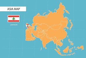 carte du liban en asie, icônes indiquant l'emplacement du liban et les drapeaux. vecteur