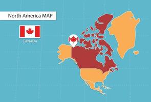 carte du canada en amérique, icônes indiquant l'emplacement du canada et les drapeaux. vecteur