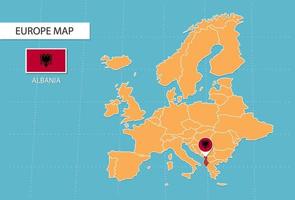 carte de l'albanie en europe, icônes indiquant l'emplacement et les drapeaux de l'albanie. vecteur