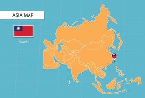 carte de taïwan en asie, icônes indiquant l'emplacement de taïwan et les drapeaux. vecteur