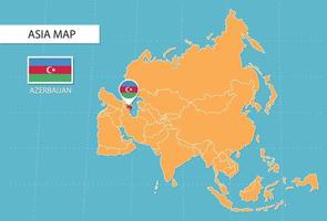 carte de l'Azerbaïdjan en Asie, icônes indiquant l'emplacement et les drapeaux de l'Azerbaïdjan. vecteur