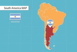 carte de l'argentine en amérique, icônes indiquant l'emplacement et les drapeaux de l'argentine. vecteur