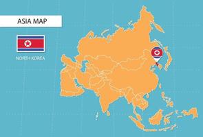 carte de la corée du nord en asie, icônes indiquant l'emplacement et les drapeaux de la corée du nord. vecteur