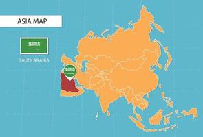 carte de l'arabie saoudite en asie, icônes indiquant l'emplacement et les drapeaux de l'arabie saoudite. vecteur