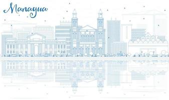 Décrire l'horizon de Managua avec des bâtiments bleus et des reflets. vecteur