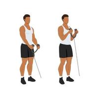 homme faisant corde biceps marteau curl. illustration vectorielle plane isolée sur différentes couches. caractère d'entraînement vecteur