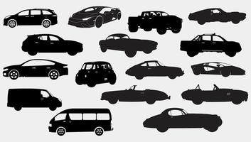 ensemble de seize silhouettes de véhicules automobiles, illustrations de véhicules classiques, convertibles, rapides, mini-fourgonnettes, électriques, pick-up, économiques en noir et blanc. vecteur