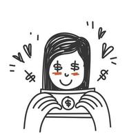 femme doodle dessinée à la main rougie avec illustration d'yeux en forme d'argent vecteur
