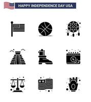 9 usa pack de glyphes solides de signes et symboles de la fête de l'indépendance de boot usa parure bâtiment américain éléments de conception vectoriels modifiables usa day vecteur