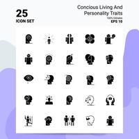 25 ensemble d'icônes de traits de vie et de personnalité conscients 100 eps modifiables 10 fichiers idées de concept de logo d'entreprise conception d'icône de glyphe solide vecteur