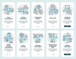 Conseils pour l'ensemble d'écrans d'application mobile d'intégration de développement de logements. instructions graphiques modifiables en 5 étapes avec des concepts linéaires. ui, ux, modèle d'interface graphique. vecteur